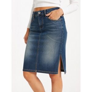 Tommy Hilfiger Women's Denim Midi Skirt Blue 0 Pencil Stretch Y2K Distressed
